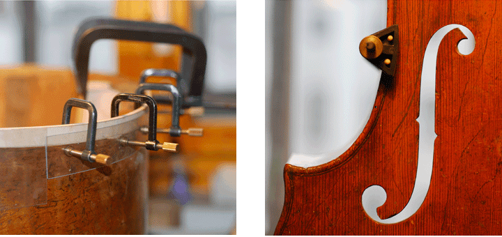 Detailaufnahme einer Restaurationsarbeit am Streichinstrument